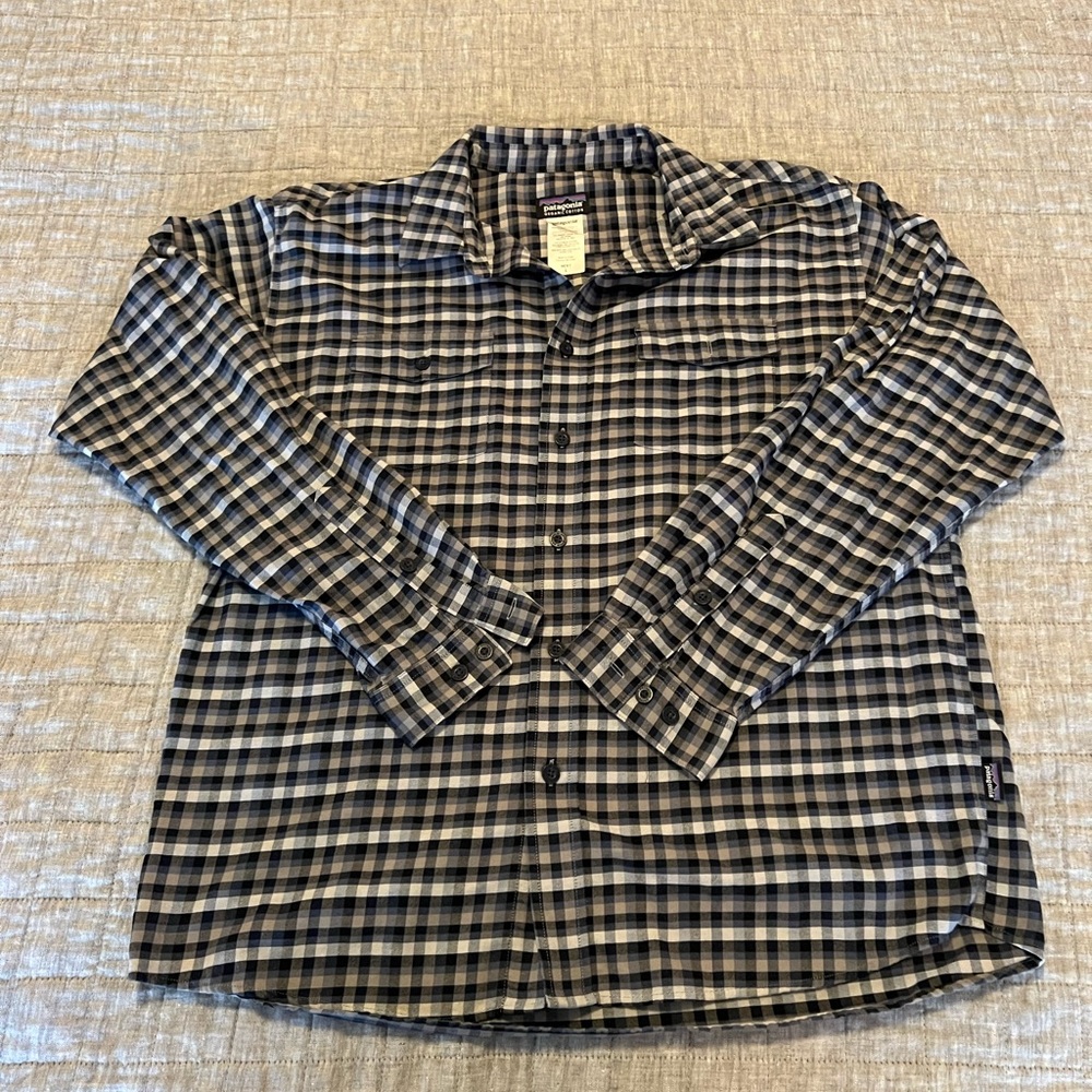 Mens Patagonia button up, blue/black/grey checkered